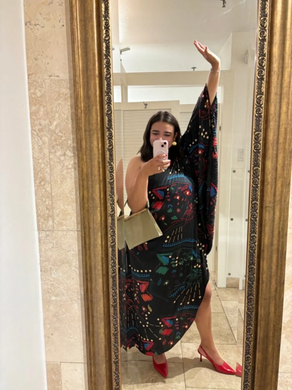 Hutch Printed One Shoulder Gown Maxi Dress Black Multi Artsy Vacation XL - Picture 1 of 9